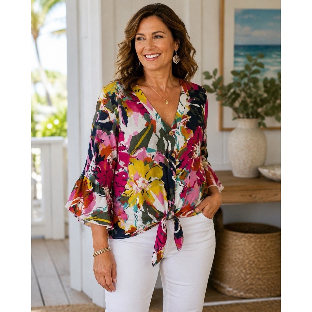 Mirror Image Blouse Women's 2X V-Neck Artsy Boho Floral Button Up Top